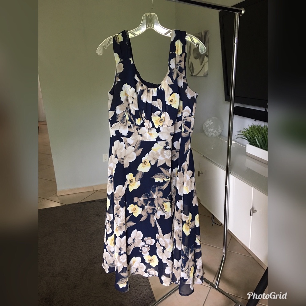 Sleeveless,below the knee, fit and flare, dress.